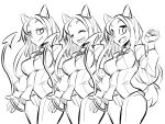  3girls animal_ears cerberus_(helltaker) closed_eyes collared_shirt demon_girl demon_tail dog_ears dog_girl fang greyscale helltaker jin_(mugenjin) long_hair long_sleeves looking_at_viewer monochrome multiple_girls open_mouth pants shirt smile tail triplets waistcoat 