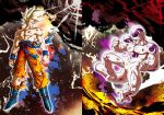  2boys angry blonde_hair blood blood_on_face bruise clenched_hands clenched_teeth closed_mouth dragon_ball dragon_ball_z floating frieza full_body injury male_focus mattari_illust multiple_boys muscle son_gokuu super_saiyan super_saiyan_1 tail teeth torn torn_clothes 