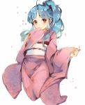  1girl blue_hair blush botan_(yuu_yuu_hakusho) brown_eyes eyebrows_visible_through_hair highres japanese_clothes kimono long_hair looking_at_viewer nachoz_(natsukichann) obi pink_kimono ponytail sash simple_background smile solo white_background wide_sleeves yuu_yuu_hakusho 