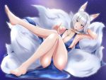  1girl animal_ear_fluff animal_ears armpits azur_lane bangs bare_legs bare_shoulders barefoot blue_dress blue_eyes blunt_bangs breasts cameltoe cleavage crossed_legs dress eyeliner foot_up fox_ears fox_girl fox_tail halter_dress hand_behind_head highres jewelry kaga_(azur_lane) kaga_(white-tailed_magnificence)_(azur_lane) large_breasts large_tail looking_at_viewer makeup multiple_tails necklace orionstar short_hair sideboob sitting solo tail thighs white_hair 