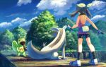  1girl bare_arms bike_shorts black_legwear cloud commentary_request day fanny_pack gen_3_pokemon gloves grass green_bandana kecleon kneepits linoone may_(pokemon) outdoors pokemon pokemon_(creature) pokemon_(game) pokemon_emerald pokemon_rse rowdon shiny shoes sky sleeveless standing tongue tongue_out tree 