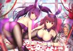  2girls all_fours animal_ears ass bangs blush bottle breasts bunny_ears bunny_tail bunnysuit cleavage closed_mouth cu_chulainn_(fate)_(all) cu_chulainn_alter_(fate/grand_order) detached_collar fake_animal_ears fate/grand_order fate_(series) fishnet_legwear fishnets hair_between_eyes highleg highleg_leotard large_breasts leotard long_hair looking_at_viewer looking_back mini_cu-chan mishiro_(ixtlolton) multiple_girls pantyhose petals piercing_bunny ponytail purple_hair purple_leotard red_eyes red_ribbon ribbon scathach_(fate)_(all) scathach_(fate/grand_order) scathach_skadi_(fate/grand_order) smile tail thighs window wine_bottle wrist_cuffs 