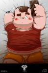  2016 anthro belly blush bulge canid canine canis cellphone clothing debudave_12 domestic_dog headphones hi_res kemono male mammal one_eye_closed overweight overweight_anthro overweight_male phone shirt smartphone solo text topwear underwear wink 