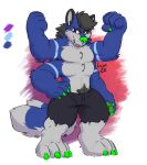  anthro bottomwear canid canine canis clothing conditional_dnp facial_piercing fox fusion hi_res hybrid licos male mammal merging multi_arm multi_eye multi_limb multi_tail nose_piercing nose_ring piercing shorts standing unknown_artist wolf 