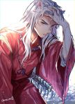  1boy animal_ears bead_necklace beads closed_mouth cowboy_shot day dog_ears fang_necklace frown hand_in_hair hand_on_own_head hand_up highres inuyasha inuyasha_(character) japanese_clothes jewelry long_hair long_sleeves male_focus motobi_(mtb_umk) necklace ribbon-trimmed_sleeves ribbon_trim solo sword water weapon wet wet_clothes wet_hair white_background white_hair wide_sleeves yellow_eyes 