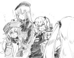  4girls bangs beret blunt_bangs cellphone closed_eyes facial_mark g11_(girls_frontline) girls_frontline gloves greyscale hair_between_eyes hair_ornament hairclip happy hat highres hk416_(girls_frontline) jacket long_hair monochrome multiple_girls murachan_(kuzukago) open_mouth phone scar scar_across_eye simple_background smartphone smile taking_picture teardrop twintails ump45_(girls_frontline) ump9_(girls_frontline) v white_background 