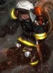  1girl absurdres animal_ears animal_ears_helmet arknights axe black_footwear black_gloves brown_eyes brown_hair commentary_request fire_helmet fire_jacket firefighter gloves hand_on_forehead helmet highres holding holding_axe jacket knee_pads long_sleeves looking_at_viewer mo_ne open_mouth shaw_(arknights) short_hair solo sparks squirrel_girl squirrel_tail tail 