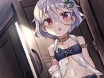  1girl arm_belt bare_shoulders blurry breasts center_opening choker commentary_request depth_of_field door hair_between_eyes hair_ornament hairclip highres looking_at_viewer midriff natsuki_iori navel open_mouth original red_eyes revealing_clothes shirt short_hair silver_hair small_breasts solo stomach symbol_commentary upper_body white_shirt 