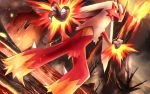  bare_tree blaziken blue_eyes claws clenched_hand commentary_request eruption fur gen_3_pokemon legs_apart molten_rock open_mouth pokemon pokemon_(creature) rowdon standing tongue tree volcano yellow_sclera 