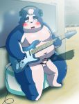  2015 anthro balls belly blush canid canine canis debudave_12 domestic_dog erection genitals headphones hi_res humanoid_genitalia humanoid_hands humanoid_penis kemono male mammal musical_instrument overweight overweight_anthro overweight_male penis sitting solo solo_focus 