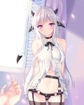  1girl absurdres arms_behind_back blush choker collarbone curtains demon_girl demon_horns demon_tail eris_(yaya_chan) garter_straps highres horns indoors looking_at_viewer navel original parted_lips pov pov_hands purple_eyes slit_pupils solo_focus standing sunlight tail thighhighs white_hair window yaya_chan 