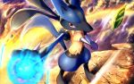  cloud commentary_request energy fur gen_4_pokemon hand_up leaves_in_wind lucario outdoors pokemon pokemon_(creature) red_eyes rowdon spikes standing toes 