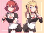  2girls :o alternate_costume apron black_dress blonde_hair blue_eyes blush cowboy_shot dress enmaided fiora_(xenoblade) hairband heart heart_hands long_hair maid maid_apron multiple_girls ncsmumi pink_background pyra_(xenoblade) red_eyes red_hair short_dress short_hair smile thighhighs xenoblade_chronicles xenoblade_chronicles_(series) xenoblade_chronicles_2 yellow_background zettai_ryouiki 