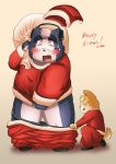 2015 absurd_res anthro blush bottomwear canid canine canis christmas clothing debudave_12 domestic_dog duo eyes_closed hat headgear headphones headwear hi_res holidays humanoid_hands kemono male mammal overweight overweight_male pants santa_claus santa_hat sweater text topwear 