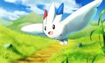  :d black_eyes cloud commentary_request day flying gen_4_pokemon grass happy mountain open_mouth outdoors pokemon pokemon_(creature) rock rowdon sky smile togekiss tongue wings 