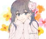  1girl bangs black_hair blue_eyes blush fingernails floral_background flower hair_flower hair_ornament hands_on_own_cheeks hands_on_own_face head_rest higurashi_kagome inuyasha motobi_(mtb_umk) sleeves_past_wrists smile solo sweater upper_body white_background 