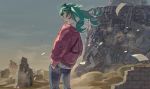  1girl 1other ambiguous_gender aqua_eyes bangs blue_pants brick_wall choker day desert dust_cloud earrings eyewear_on_head feet_out_of_frame floating_hair from_behind green_hair hand_in_pocket hatsune_miku highres hood hood_up jacket jewelry jumpsuit kyarairo long_hair outdoors pants paper paw_print poster_(object) profile red_jacket ruins sand sky solo_focus standing suna_no_wakusei_(vocaloid) sunglasses twintails vocaloid wind 