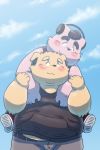  2016 absurd_res anthro belly blush bottomwear canid canine canis carrying clothing debudave_12 domestic_dog duo headphones hi_res kemono male male/male mammal overweight overweight_male pants shirt topwear 