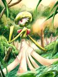  day forest gardevoir gen_3_pokemon hand_up highres light_beam lily_pad looking_at_viewer looking_back nature outdoors pokemon pokemon_(creature) red_eyes rowdon standing tree wading water 