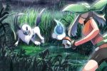  1girl absol bare_arms battle bike_shorts brown_hair castform castform_(rainy) commentary_request foliage gen_3_pokemon gloves grass green_bandana holding holding_poke_ball legs_apart may_(pokemon) poke_ball poke_ball_(basic) pokemon pokemon_(creature) pokemon_(game) pokemon_emerald pokemon_rse puddle rain rowdon shiny standing tall_grass tree twintails water 