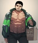  1boy abs bag bara bare_chest black_hair body_hair bulge chest chest_hair closed_eyes cowboy_shot delivery denim facial_hair gradient gradient_background jacket jeans male_focus manly muscle navel nipples open_clothes open_jacket original pants rybiokaoru shopping_bag short_hair solo stubble thick_thighs thighs 