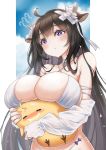  1girl :&lt; ?? absurdres ahoge animal_ears azur_lane bangs bare_shoulders bikini blush breasts brown_hair chinese_commentary cleavage commentary_request cow_ears cow_girl cow_horns detached_sleeves drooling eyebrows_visible_through_hair flower hair_flower hair_ornament head_tilt highres horns huge_breasts kashino_(after-bath_pleasure)_(azur_lane) kashino_(azur_lane) long_hair looking_at_viewer manjuu_(azur_lane) momu_(su) purple_eyes solo swimsuit very_long_hair wet white_bikini white_flower 