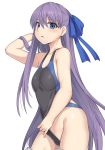  1girl blue_eyes blue_ribbon blush breasts competition_swimsuit contrapposto cowboy_shot fate/extra fate/extra_ccc fate_(series) hair_ribbon hand_in_hair hand_up large_breasts long_hair looking_at_viewer meltryllis one-piece_swimsuit parted_lips purple_hair ribbon shiseki_hirame simple_background solo standing swimsuit swimsuit_aside very_long_hair white_background 