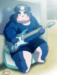  2015 anthro belly blush bottomwear canid canine canis clothing debudave_12 domestic_dog headphones hi_res hoodie kemono male mammal musical_instrument overweight overweight_anthro overweight_male shorts sitting solo topwear 