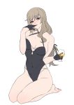  1girl ban!_(bansankan) bangs bare_shoulders barefoot black_gloves black_ribbon black_swimsuit breasts brown_eyes cleavage covered_navel criss-cross_halter cup drinking_glass finger_in_mouth full_body girls_und_panzer gloves hair_over_shoulder hair_ribbon halterneck holding holding_cup large_breasts long_hair looking_at_viewer low-tied_long_hair mature navel removing_glove ribbon seiza shimada_chiyo simple_background sitting solo swept_bangs swimsuit thighs white_background 