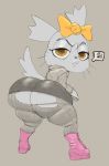  2020 accessory aggressive_retsuko angry anthro big_butt boots butt chinchilla chinchillid clothed clothing digital_drawing_(artwork) digital_media_(artwork) female footwear hair_accessory hair_bow hair_ribbon hi_res looking_at_viewer mammal manaka_(aggretsuko) ribbons rodent sanrio simple_background sixsidesofmyhead solo thick_thighs torn_clothing 