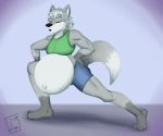  anthro belly big_belly bodily_fluids bottomwear bra breath canid canine canis clothed clothing crossdressing exercise fur ian_the_wolf male male_pregnancy mammal navel panting pregnant randomgirl1265 shorts sigh solo sports_bra stretching suibelly sweat transgendered underwear white_body white_fur wolf workout 