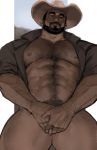  1boy abs bara bare_chest beard black_eyes black_hair body_hair bulge chest covering covering_crotch cowboy cowboy_hat cowboy_shot facial_hair hat highres jang_ju_hyeon looking_at_viewer male_focus male_pubic_hair manly muscle navel nipples open_clothes open_shirt original pubic_hair short_hair sketch solo thick_thighs thighs western 