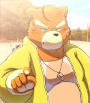  2016 absurd_res angry anthro belly blush bodily_fluids brown_body brown_fur clothing debudave_12 fur hi_res humanoid_hands kemono male mammal outside overweight overweight_anthro overweight_male scar shirt solo sweat topwear ursid 
