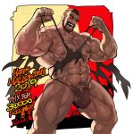  1boy 2019 abs arm_hair bara bare_chest beard bikini_briefs black_sclera body_hair brown_hair bulge chest chest_hair facial_hair feet_out_of_frame glowing glowing_eyes hairy halloween highres leg_hair male_focus male_underwear manly muscle navel nipples original penis_peek red_eyes rybiokaoru short_hair signature solo thick_thighs thighs torn_clothes underwear 