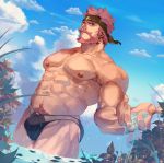  1boy abs bara bare_chest bulge chest cloud cloudy_sky cowboy_shot facial_hair goatee headband leaf male_focus male_swimwear manly muscle mustache navel navel_hair nipples outdoors plant red_eyes red_hair roger_(sdorica) rybiokaoru sdorica short_hair sideburns sky solo swim_briefs swimwear thick_thighs thighs water wet 