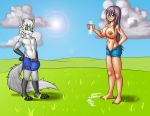  anthro big_breasts breasts bulge canid canine canis clothed clothing duo erect_nipples female green_eyes grey_hair hair hi_res human ian_the_wolf long_tail male malezor mammal nipples purple_eyes sapphire_(oc) slim suibelly topless unzipped unzipped_pants wardrobe_malfunction wolf 