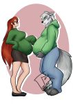  abdominal_bulge belly_press belly_rub bottomwear canid canine canis chubby_female chubby_male clothing denim denim_clothing duo eyewear female fur glasses green_eyes hi_res ian_the_wolf jacket jeans male male_pregnancy mammal pale_skin pants pregnant randomgirl1265 skirt sui suibelly sweater topwear white_body white_fur wolf 