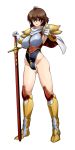  1girl ariina_(shiokeidanshi) armor breastplate breasts brown_eyes brown_hair cape commentary_request cosplay eyebrows_visible_through_hair flare_(langrisser) flare_(langrisser)_(cosplay) full_body gloves highleg langrisser leotard long_legs looking_at_viewer open_mouth pauldrons planted_sword planted_weapon pointing pointing_at_viewer short_hair shoulder_armor simple_background solo standing sword weapon white_background white_gloves yukimura_keiko yuu_yuu_hakusho 