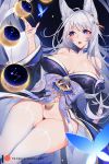  1girl animal_ear_fluff animal_ears azur_lane bangs bare_shoulders blue_butterfly blue_eyes blue_kimono blush breasts cleavage collarbone constellation fox_ears fox_girl japanese_clothes kimono kitsune large_breasts long_hair long_sleeves moon_phases multiple_tails nanoless no_panties obi off-shoulder_kimono open_mouth pussy sash shinano_(azur_lane) silver_hair tail thighhighs thighs white_legwear white_tail wide_sleeves 