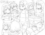  3girls :o arm_up bangs braid braided_bangs chair closed_eyes closed_mouth desk eyebrows_visible_through_hair greyscale hair_ribbon hisakawa_hayate hisakawa_nagi idolmaster idolmaster_cinderella_girls jacket juliet_sleeves long_hair long_sleeves lying monochrome multiple_girls on_back on_chair parted_lips ponytail puffy_sleeves ribbon school_chair school_desk short_sleeves siblings simple_background sisters sitting sleeping_bag sweat translation_request twins white_background yukie_(kusaka_shi) yumemi_riamu 