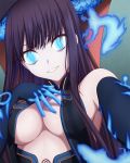  1girl bangs bare_shoulders black_dress black_gloves black_headwear blue_eyes blue_fire breasts center_opening cleavage covered_nipples dress elbow_gloves fate/grand_order fate_(series) fire fish gloves glowing glowing_eyes hand_on_own_chest hasebe_akira large_breasts long_hair looking_at_viewer outstretched_arm parted_bangs purple_hair self_shot slit_pupils smile very_long_hair yang_guifei_(fate/grand_order) 