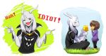  2016 ambiguous_gender anthro asriel_dreemurr_(god_form) boss_monster bovid caprine clothing flower fur gesture grass hi_res human jewelry kiuki-10 male mammal necklace plant pointing protagonist_(undertale) robe simple_background sitting smile undertale video_games white_body white_fur 