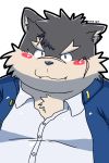  2017 anthro belly black_nose blush canid canine canis clothing cute_fangs debudave_12 domestic_dog hi_res kemono male mammal moritaka overweight overweight_anthro overweight_male scar shirt simple_background solo tokyo_afterschool_summoners topwear video_games white_background 