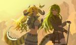  2girls absurdres antenna_hair arknights beak_hold belt bird black_gloves blonde_hair breasts commentary_request cowboy_shot crocodilian_tail cropped_jacket day dragon_horns dragon_tail estelle_(arknights) facial_mark gavial_(arknights) giving gloves green_hair hair_between_eyes hair_over_one_eye hand_on_hilt highres horns huge_filesize jacket jfjf juliet_sleeves large_breasts long_hair long_sleeves looking_at_another looking_away looking_to_the_side looking_up midriff multicolored_hair multiple_girls navel open_clothes open_jacket outdoors pants parted_lips pointy_ears ponytail pouch puffy_sleeves red_eyes ruins scar smile surprised tail thigh_strap thighhighs two-tone_hair wavy_hair white_legwear 