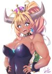  1girl ahoge bare_arms bare_shoulders black_collar black_leotard blonde_hair bowsette bowsette_(cosplay) bracelet breasts brooch collar collarbone cosplay crown drill_hair drill_locks earrings eyebrows_visible_through_hair fangs fingernails green_eyes hands_on_hips high_ponytail highres hori_shin horns jewelry large_breasts leotard looking_at_viewer mario_(series) michelle_(hori_shin) multicolored_hair nail_polish new_super_mario_bros._u_deluxe open_mouth original pink_hair pointy_ears purple_nails sharp_fingernails shiny shiny_clothes signature simple_background smile solo spiked_bracelet spiked_collar spiked_shell spikes strapless strapless_leotard super_crown tan thick_eyebrows toned turtle_shell upper_body white_background 