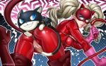  2017 ann_takamaki anthro atlus blonde_hair blue_eyes bodysuit breasts butt clothing costume duo erotibot felid feline female footwear fur genitals gloves hair hand_on_butt handwear hi_res human human_focus larger_female long_hair looking_at_viewer male mammal mask megami_tensei megami_tensei_persona morgana_(persona) naughty_face nipple_outline not_furry_focus pussy rubber rubber_suit signature size_difference skinsuit smaller_male smile teeth tight_clothing twintails_(hairstyle) video_games whip zipper 