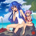  2girls beach bikini blue_hair competition_swimsuit eating food frilled_bikini frills fruit full_body highres hinanawi_tenshi innertube long_hair minigirl multiple_girls navel needle_sword one-piece_swimsuit open_mouth palm_tree purple_hair red_eyes shope short_hair sitting_on_rock sky starfish sukuna_shinmyoumaru summer swimsuit touhou tree watermelon white_swimsuit 