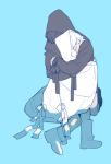  1boy 1girl black_footwear black_hair blue_background blush cloak clock closed_eyes contrast honey_dogs hood hood_up hooded_cloak hug original short_hair simple_background white_footwear white_hair 