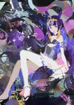  1girl abstract black_footwear blue_eyes chaikitsu choker detached_sleeves gloves heart hololive hololive_english long_hair multicolored_hair ninomae_ina&#039;nis open_mouth orange_hair purple_hair sandals single_detached_sleeve single_thighhigh solo tentacle_hair tentacles thighhighs virtual_youtuber white_background 