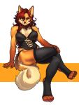  2020 4_toes 5_fingers absurd_res anthro breasts brown_nose butt canid clothed clothing collar female fingers fur hair hi_res legwear looking_at_viewer mammal multicolored_body multicolored_fur pgm300 red_hair sitting smile solo tan_body tan_fur toes yellow_eyes 